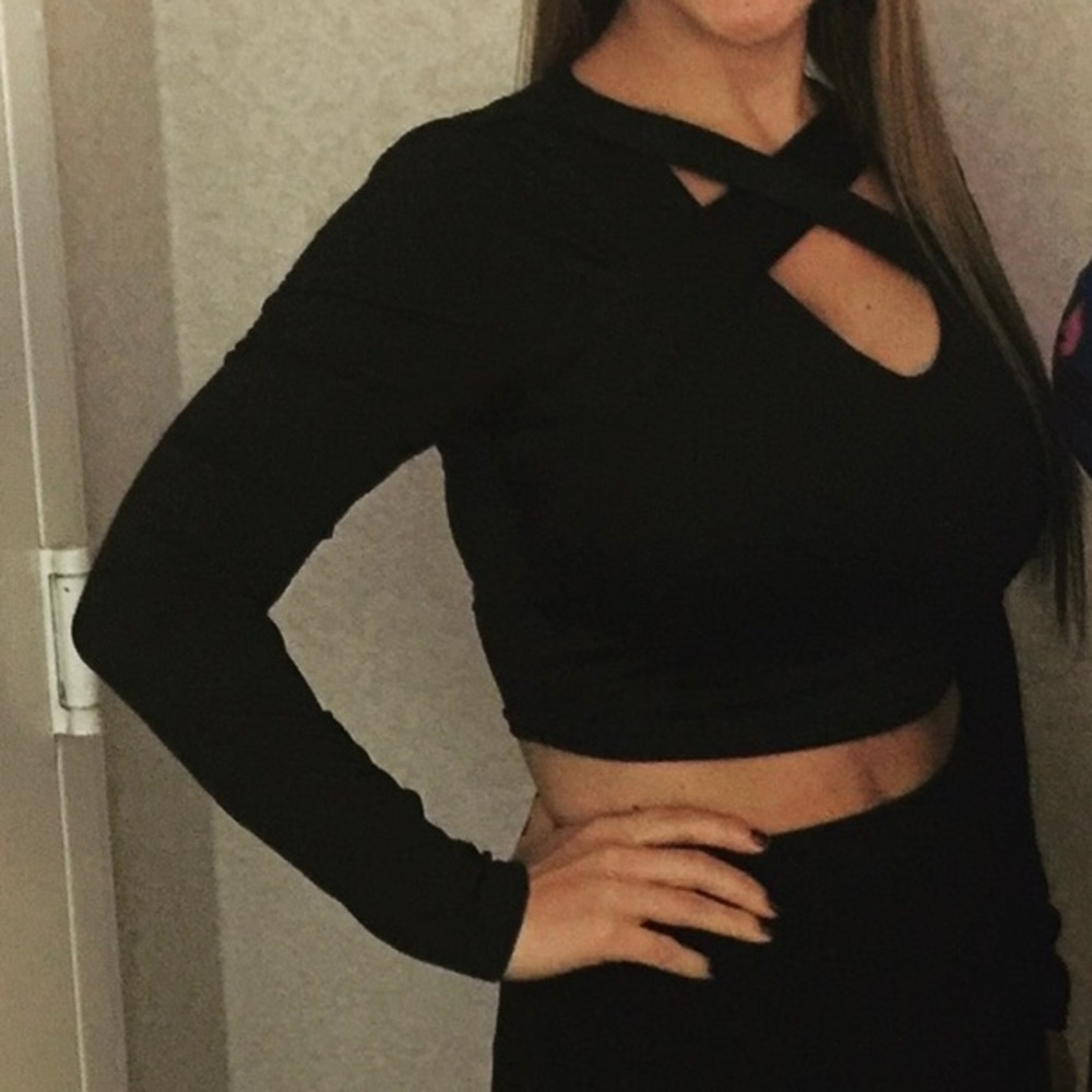 Black long sleeve with criss cross front